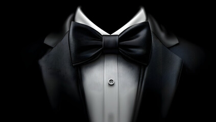 Elegant black tuxedo with a classic bow tie, symbolizing sophistication and style for formal events and celebrations. Perfect for weddings or parties.