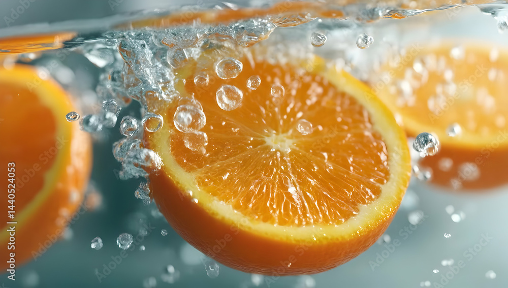 Poster fresh oranges splash into clear water, creating dynamic bubbles and vibrant colors, capturing the es