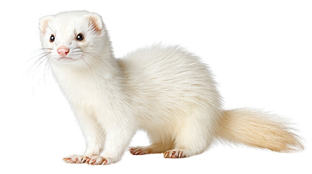 Elegant albino ferret pet animal poses gracefully against a blank s.