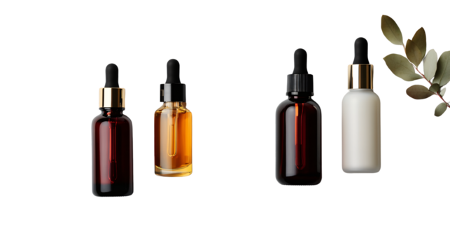 Minimal Skincare Products in Clear Bottles on White Background