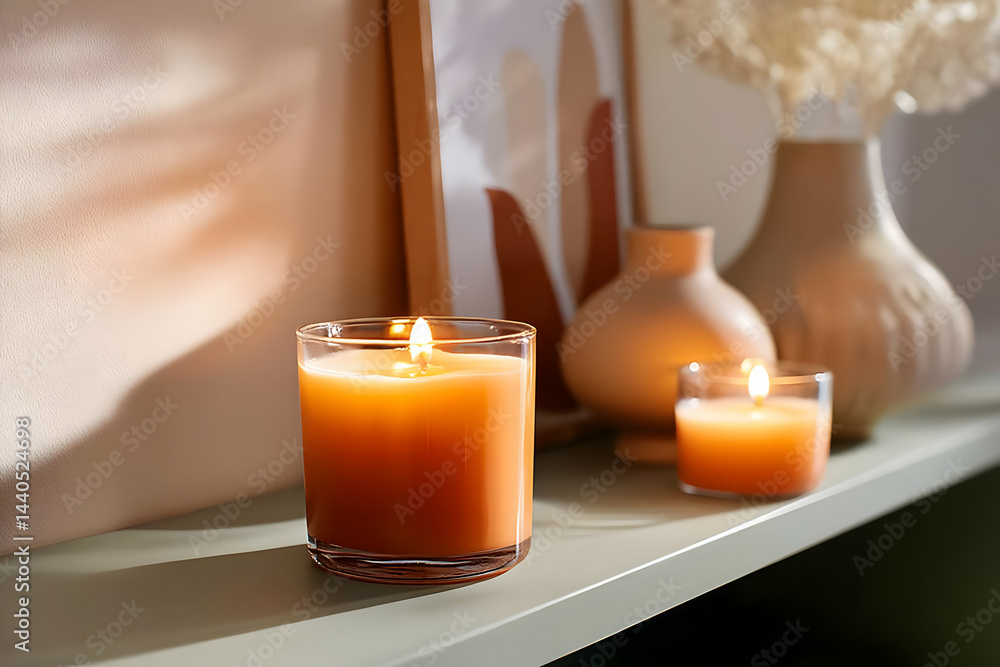Poster softly glowing candles on a shelf create a warm and inviting atmosphere in a cozy living space. perf