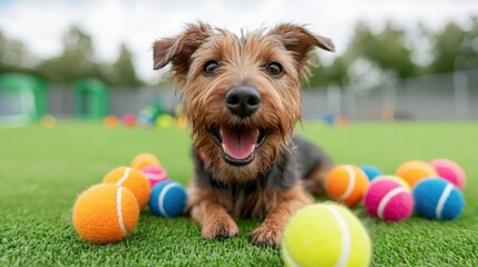 Happy Dog Playing with Tennis Balls