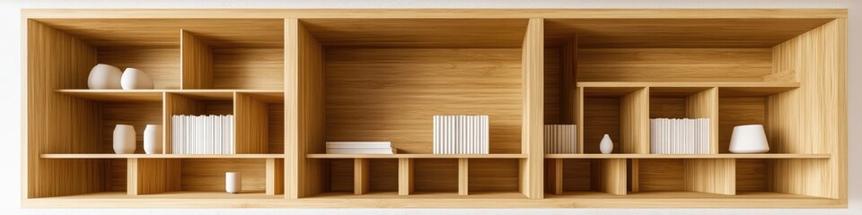 Modern light wood shelving unit with white decor