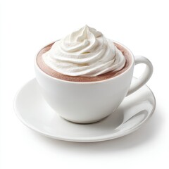 Hot chocolate topped with whipped cream served on saucer isolated on white background