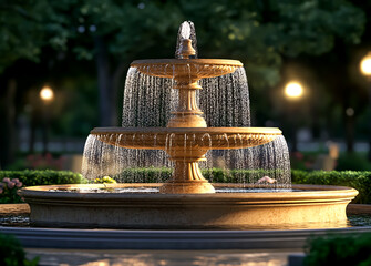 A three-tiered fountain with flowing water, located in the center of an outdoor park or garden