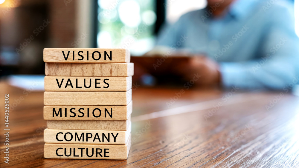 Poster enhancing human resource strategies building vision values and mission with labeled wooden blocks in