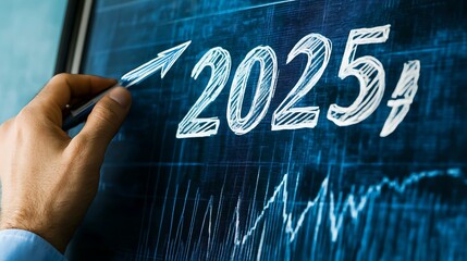 A professional engaging with a digital screen showing a growth arrow graph and "2025," representing the drive for innovation and business success