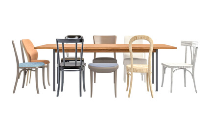An eclectic mix of mismatched dining chairs paired with a modern minimalist dining table
