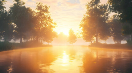 Golden Sunset over Still Water - 3D Illustration