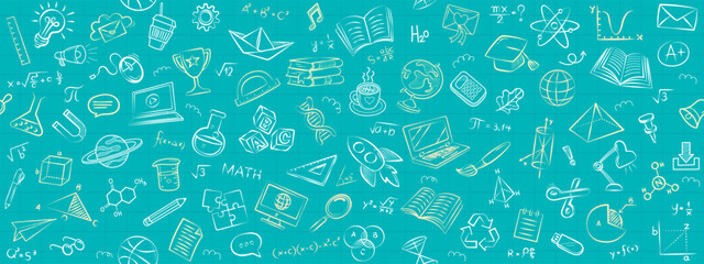 This playful back-to-school vector background is a seamless pattern filled with cute, hand-drawn doodles of school supplies. Ideal for creating fun stationery, classroom decor, or children's apparel.