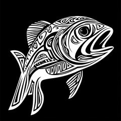 Ornate stylized white fish design on black background.