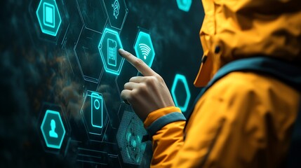 A professional engaging with a digital interface showcasing hexagonal tools for customer service, with a finger pointing at a phone icon on a dark backdrop