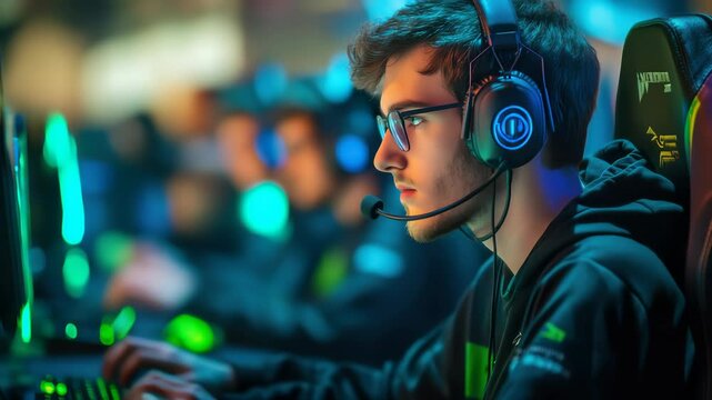 pro gamer man in headphones live streaming while playing online computer game, neon lights, esports,  gaming, monitor, play, young, player, internet, enjoyment, cyber,
