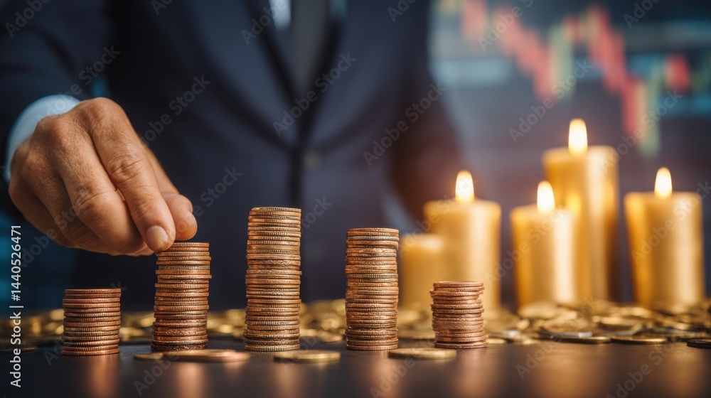 Poster man stacking coins to illustrate ai-driven market intelligence for smarter trading and enhanced fina