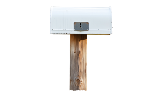 White Mailbox on Wooden Post Isolated on White Background for Mailing Services Promotion