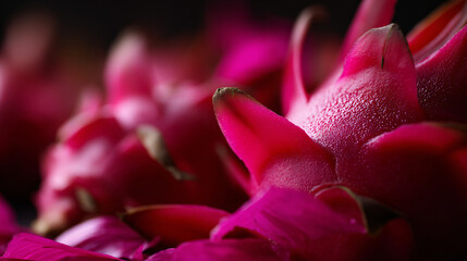 Close-up view of dragon fruit, also known as pitaya, with vivid pink petals adding to its striking appearance