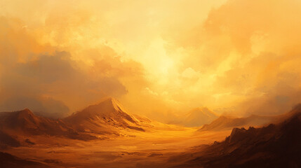 Naklejka premium Vast Desert Dunes: Dramatic Sand Landscape, Vast Desert Landscape with Sunlit Sand Dunes and Rugged Mountains