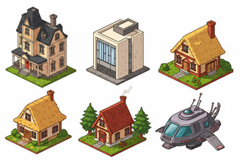 Isometric Pixel Art Illustration of Diverse House Styles Including Vintage, Modern, and Futuristic