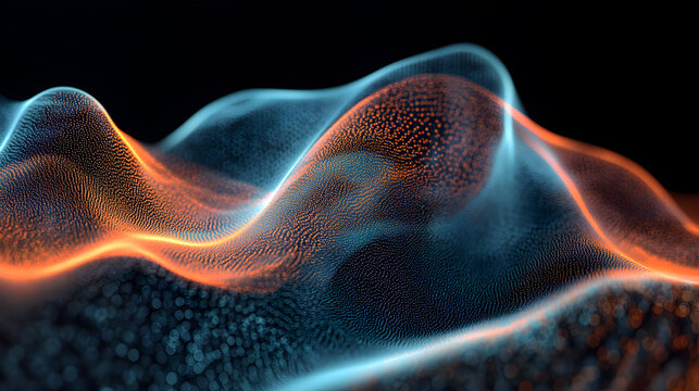 Fototapeta A black backdrop with glowing blue fractal patterns of DNA and the human body swirls with smoky energy