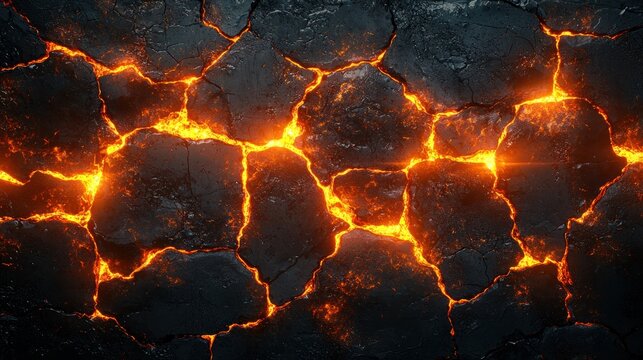 Dark rocks with glowing orange cracks abstract background texture hot lava effect.