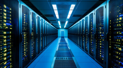 The clean interior of the network server room features fiber optic cables and a long corridor of equipment