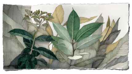 Artistic watercolor illustration of various green, beige, and black leaves on textured paper background