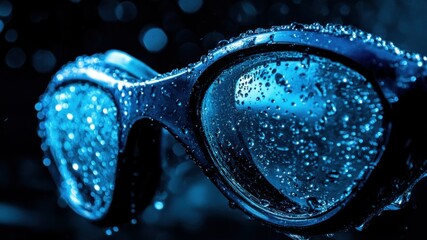 Blue swimming goggles with water droplets close-up