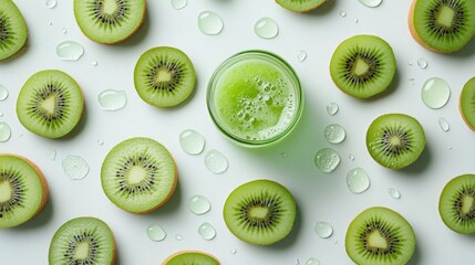Fototapeta premium Fresh Kiwi Slices and Juice Flat Lay Photography