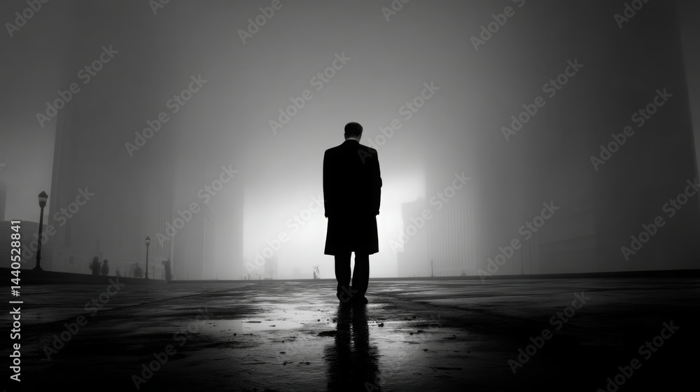Aufkleber man in a suit standing in a dense fog representing uncertainty and breakout psychology in business e