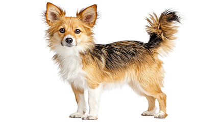 Obraz premium A small mixed breed dog with fluffy tail stands on white background image.
