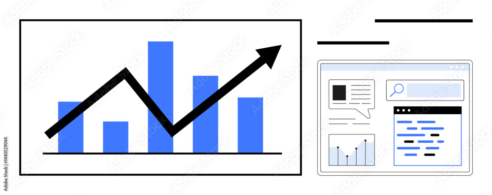 Poster bar graph with upward arrow next to a digital interface displaying charts, search bar, and text. ide