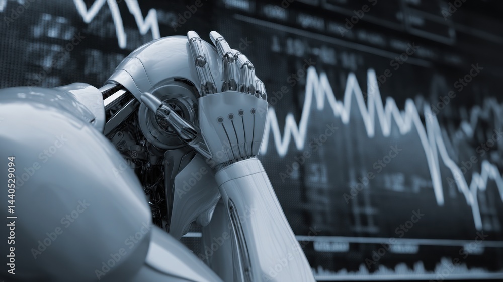 Poster robot with head in hands illustrating automated trading system resilience and the concept of handlin