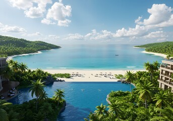 Scenic coastal landscape of a tropical bay with blue water and green hills