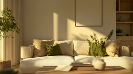 Modern living room interior, stylish and cozy design with neutral tones, soft fabric sofa, olive green accent pillows, natural wood coffee table
