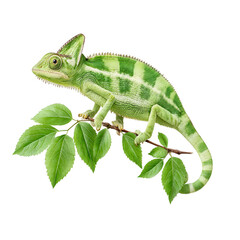 Obraz premium A vibrant green chameleon with unique skin pattern clings to a leafy branch.
