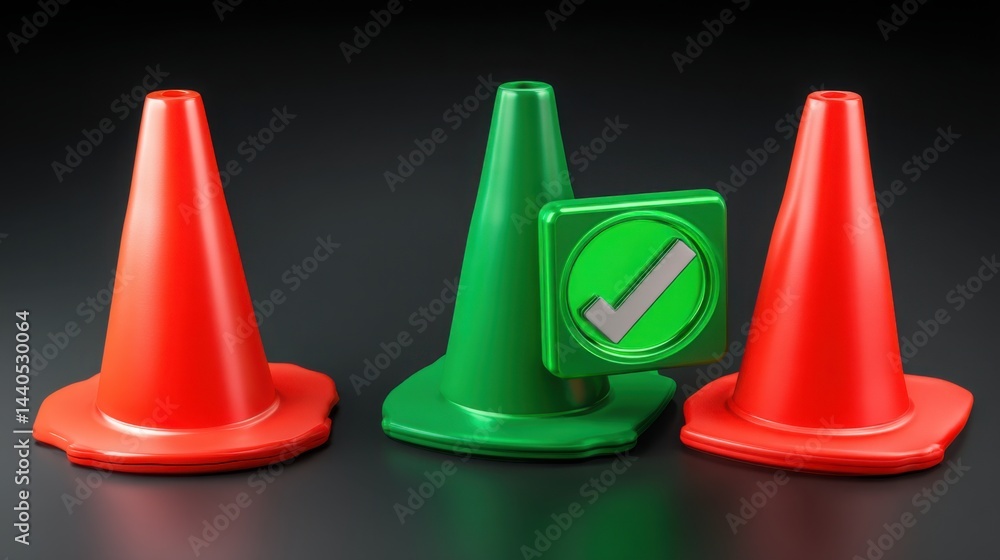 Poster three traffic cones accompanied by a green check mark representing positive confirmation after a bre