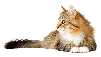 A fluffy brown and white cat is relaxing on a blank s background.