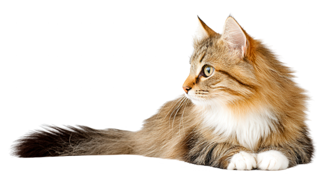 A fluffy brown and white cat is relaxing on a blank s background.