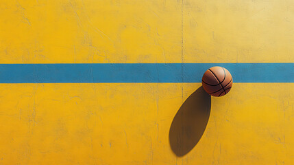 Overhead View of a Basketball on a Worn Yellow Court