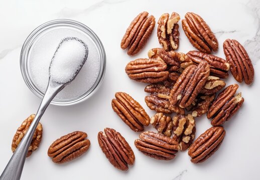 Pecans with Sugar in a Bowl on a Marble Surface, Perfect for Desserts and Sweet Treats, Ideal Background for Recipes and Cooking Tutorials