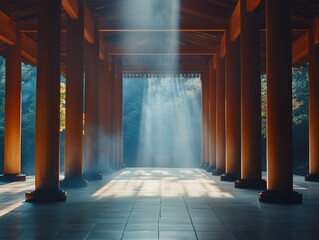 Peaceful, sunlit temple hall