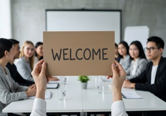 Welcome sign held in meeting room with diverse group of people