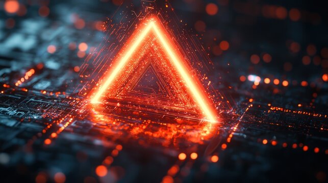 Glowing orange triangle on a circuit board like surface with blurred background.