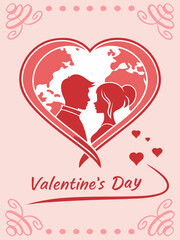 Valentine's Day Couple Silhouette in Heart-Shaped World Map Illustration.
