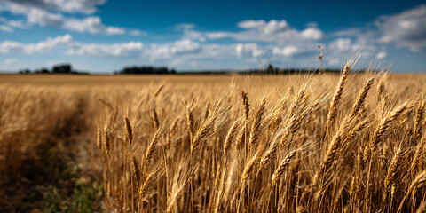 Fototapeta premium Golden Wheat Field Swaying Azure Sky Summer Harvest Countryside Landscape Rural Beauty Sunny Day Grain Field Gentle Breeze Nature's Bounty 