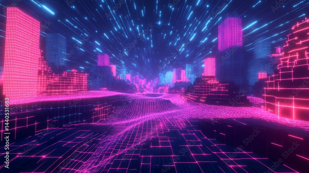 Poster vibrant digital skyline visualization futuristic city 3d rendering neon environment aerial perspecti