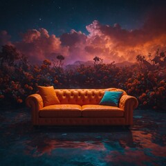 A neon orange sofa floating in a surreal dreamscape.