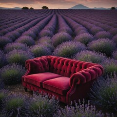 A ruby red sofa among purple lavender fields.