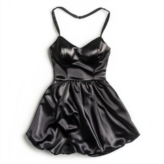 Sleek black satin mini dress with spaghetti straps and ruched detailing for evening elegance
