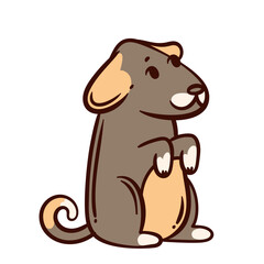 Dog cartoon doodle showing brown and beige pet sitting upright on its hind legs, with front paws raised in a begging pose. Puppy Vector illustration with cute, expressive face and curly tail.